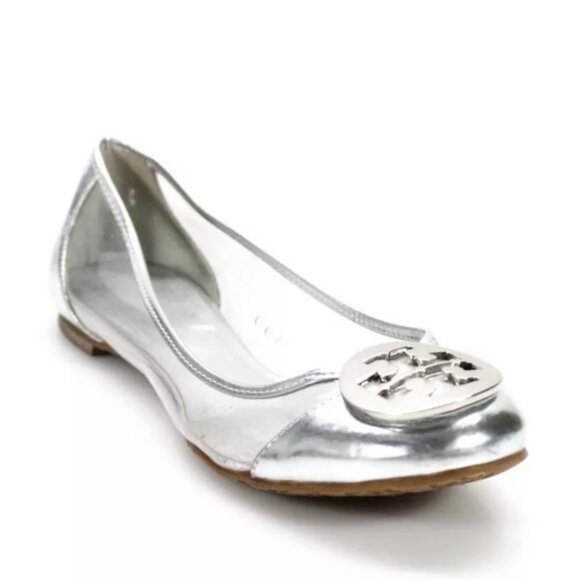 New Tory Burch Reva Audrey rare clear lucite silver logo medallion ballet flat - Picture 2 of 16